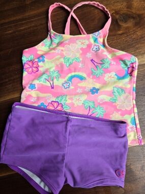 Girls Pink Tropical Tankini Top with Purple Swim Shorts